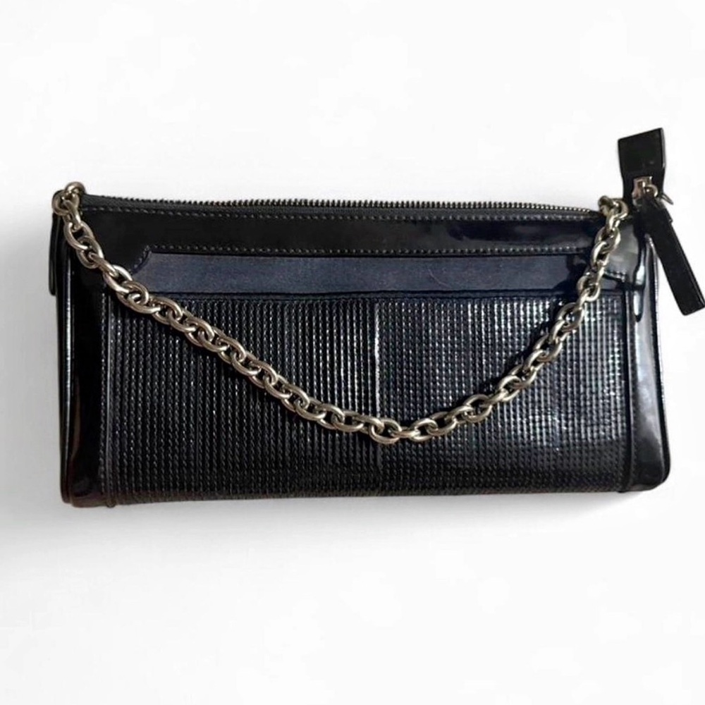 Cole Haan Vintage Black Textured Leather Baguette-Silver Chain Moto Shoulder Bag